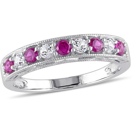 White Sapphire Fashion Ring - 7/8 Carat T.G.W. Created Ruby and Created White Sapphire Fashion Ring in Sterling Silver