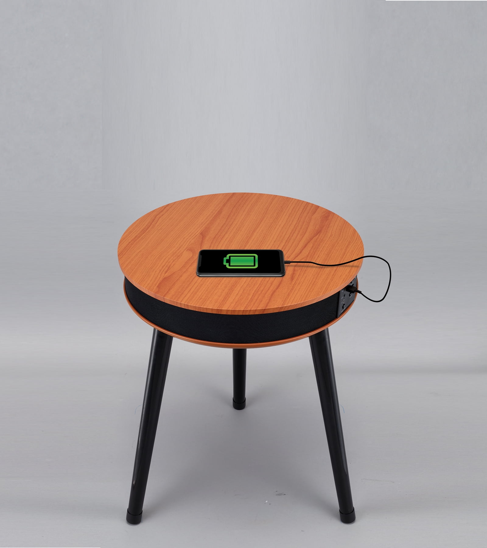 DecorTech Round End Table with Bluetooth Speaker and USB Charging Port, Walnut