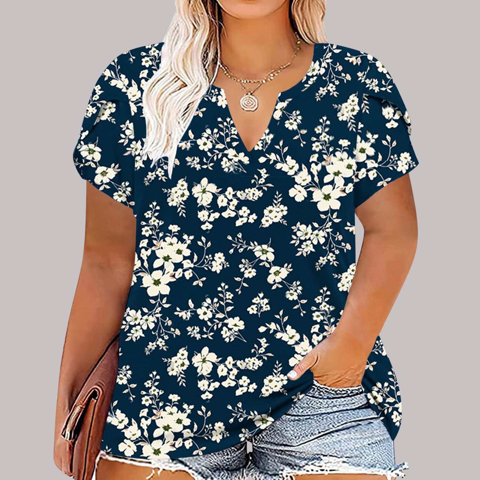 Women Plus Size Casual Allover Print V Neck Zipper Long-sleeve Tee