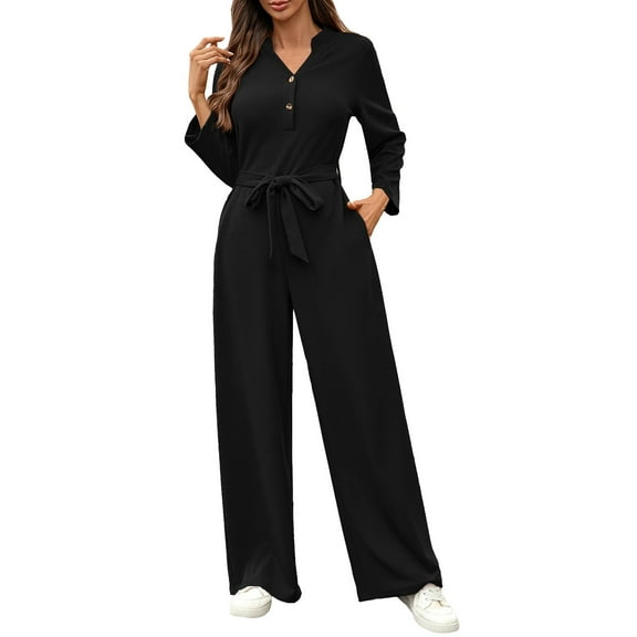 LEKODE Summer Overalls Womens Rompers for Summer Jumpsuits for Women Sweatsuit Lounge Set Womens Ladies' Spring/high Waist Lace Button Long Sleeve Jumpsuit Set Linen Sets for Women 2 Piece Black L