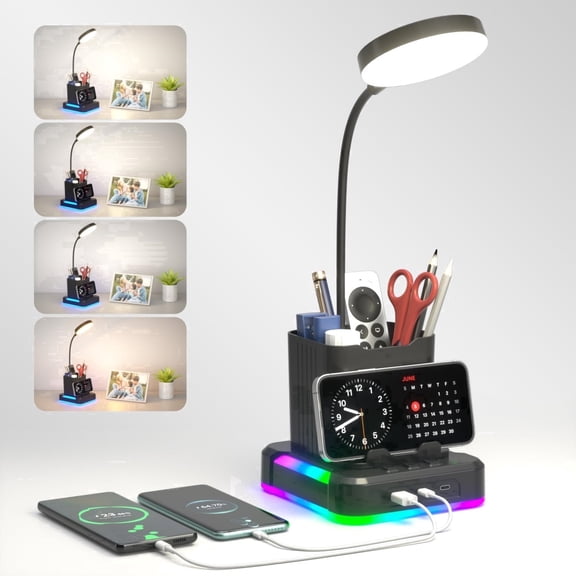 KDD Desk Lamp with Charger, 5-in-1 Desk Lamp with Charging Ports, Desk Lamp with Storage Charger, 360° Adjustable Gooseneck Desk Lights, Black, Dimmable Table Lamp for Home Office College Dorm Room