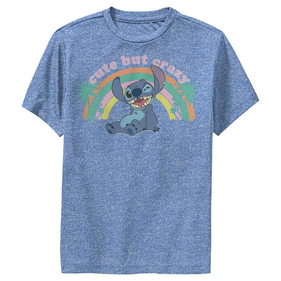 Boy's Lilo & Stitch Rainbow Cute But Crazy Palm Tree  Performance Graphic Tee Royal Blue Heather Large
