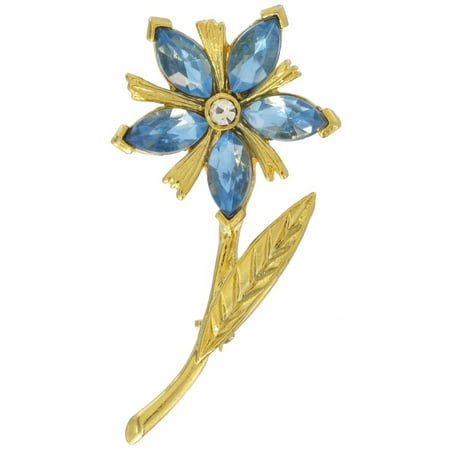 - Blue Rhinestone Gold Tone Flower Pin Brooch