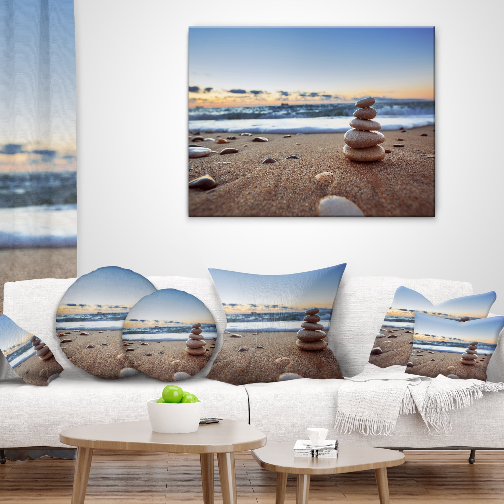 Designart Stones Balance on Sandy Beach - Seashore Throw Pillow - 16x16