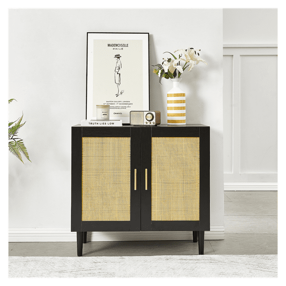 Rattan Buffet Cabinet with Adjustable Shelves - Modern Sideboard Storage for Living Room, Bedroom, Entryway - Natural Rattan Door Console Cabinet Black   Modern   Particle Board
