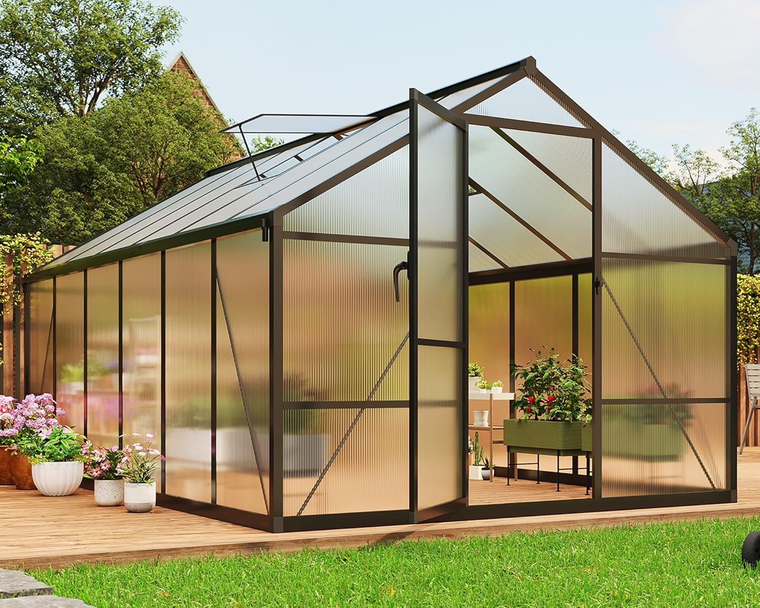 8x10 FT Greenhouse, Easy Assembly Aluminum Polycarbonate Greenhouses for Outdoors with Roof Vent and Ground Nails, Heavy Duty Aluminum Walk-in Greenhouse for Backyard, Sliding Lockable Door, Green
