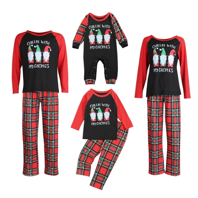 Tenues Parent-Enfant de Noël, Chandail à Manches Longues Col Rond Lettre Patchwork Combinaison Pantalon à Carreaux