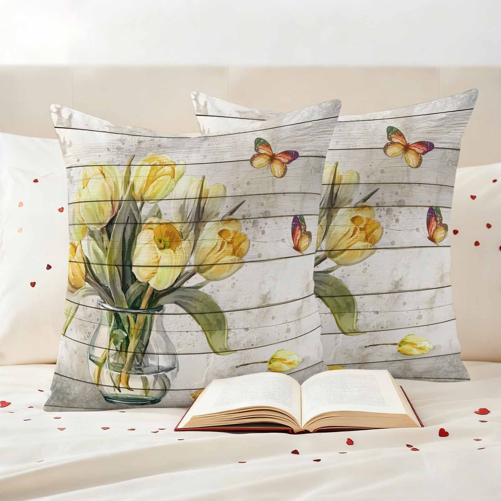 Yellow Tulip Outdoor Waterproof Pillow Covers, Vintage Spring Floral Retro Art Butterfly Wooden Decorative Square Throw Pillowcase Sofa Cushion Sham for Patio/Couch/Chair, 16"x16" 2 Pack