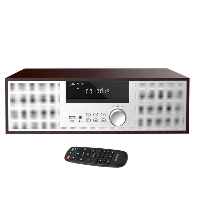 LONPOO Stereo Shelf System for Home, Vintage CD Player 40W RMS Micro Mini System with Remote Control, Bluetooth, FM Radio, USB MP3 Playback & Aux-in,