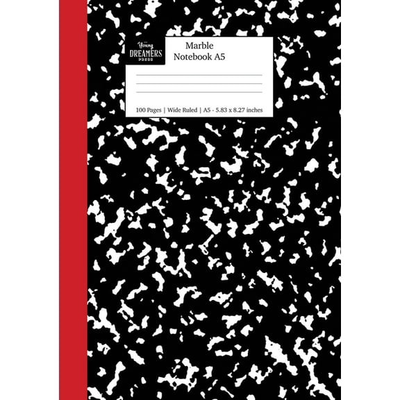 A5 Lined Notebooks Marble Notebook A5: Black and Red Spine Marble Wide Rule Journal, Book 2, (Paperback)