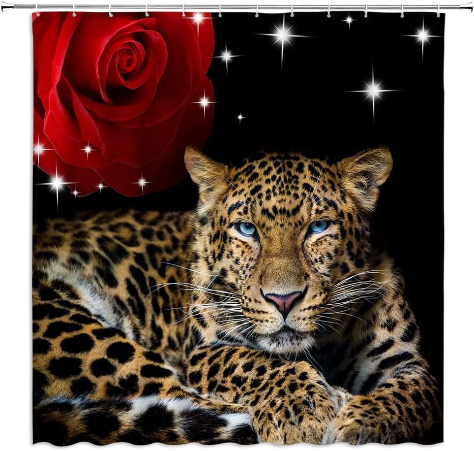 Leopard Shower Curtain Red Rose Animal African Wildlife Safari Tropical