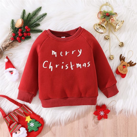 AUDeals Toddler Kids Christmas Sweatshirt - Letter Print Crew Neck Long Sleeve Pullover for Boys and Girls Holiday Outfit Wear