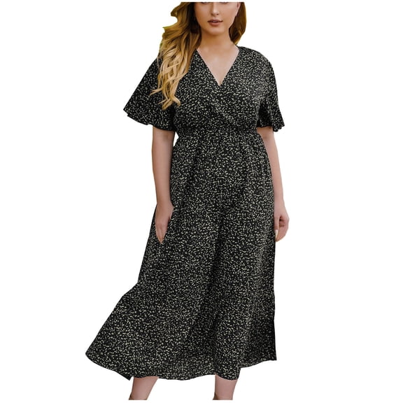 ibuvkizy Women Plus Size Dress,Womens Fashion Summer Dress,Women's Casual Sexy Fashion Summer V Neck Short Sleeve Loose Printing Plus Size Dress,Maxi Dress,Sun Dresses Maxi Dresses for Women 2025