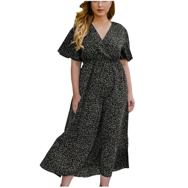 WMTBSRSW Robe Florale Boho Grande Taille pour Femmes Rondes Manches Courtes Col en V Robe Longue Décontractée Taille Enveloppante Volantée Fluide Été Plage Vacances