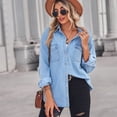 thumbnail image 4 of SWSMCLT Women's Soft Button Down Shirt Fall Pocket Coat Western Top Long Sleeve Split Summer Spring Denim Light Blue Medium, 4 of 5