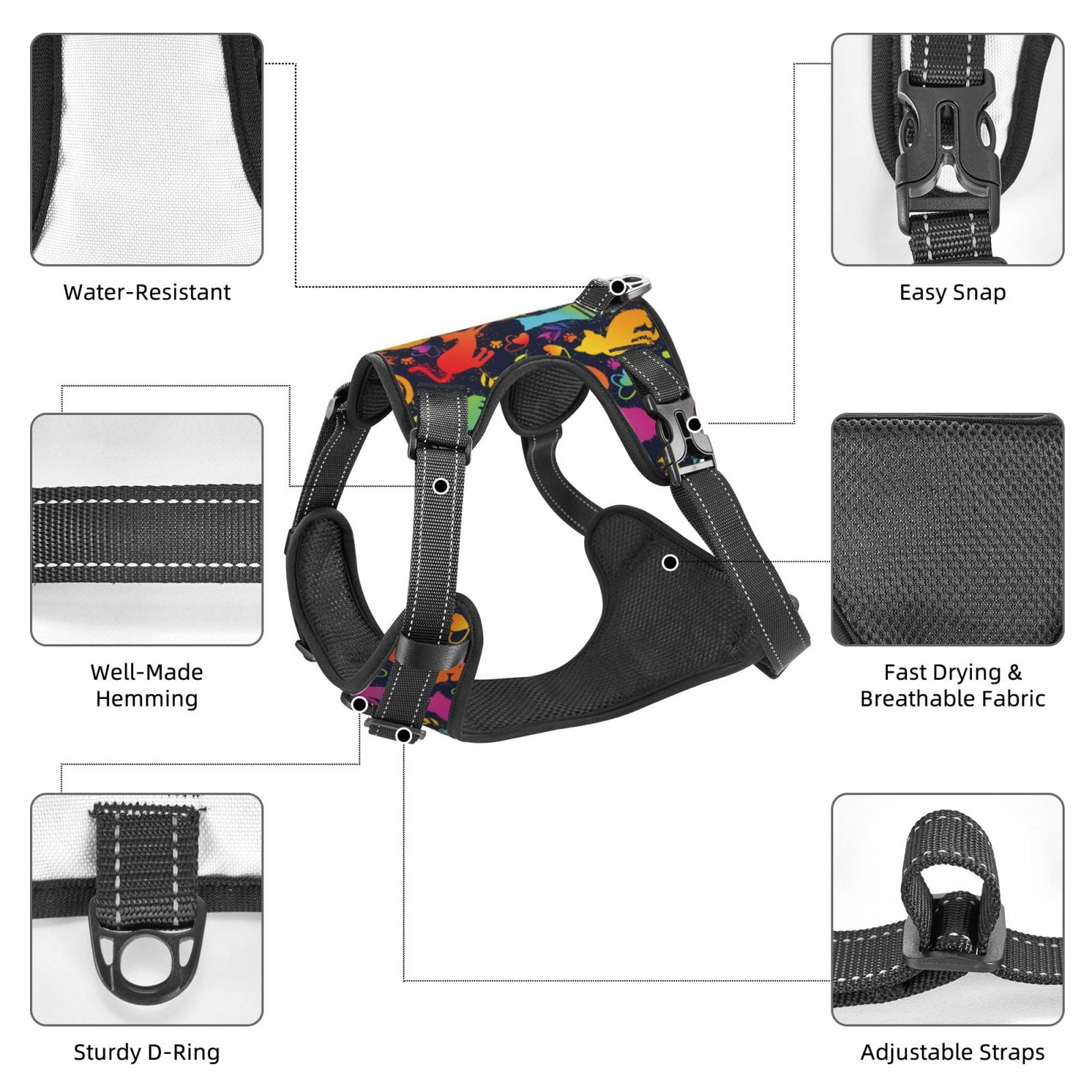 Vsdgher Colorful Cats Pattern Dog Harness,No Pull Pet Harness with Soft Padded Handle,Adjustable Reflective Vest with 2 Buckles,4 Slide Buckles,S-XL