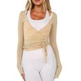 thumbnail image 5 of HAJWOH Women Ballet Wrap Top 2025 Long Sleeve Self Tie Dance Shirt Pilates Yoga Tops Y2k Workout Active Blouses Light Brown M, 5 of 5