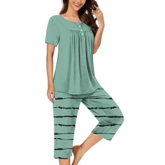 Plus Size Pajamas for Women Set New Women Casual Round Neck Short Sleeve Blouse Fashion Pants Pajamas Suit Green 3Xl