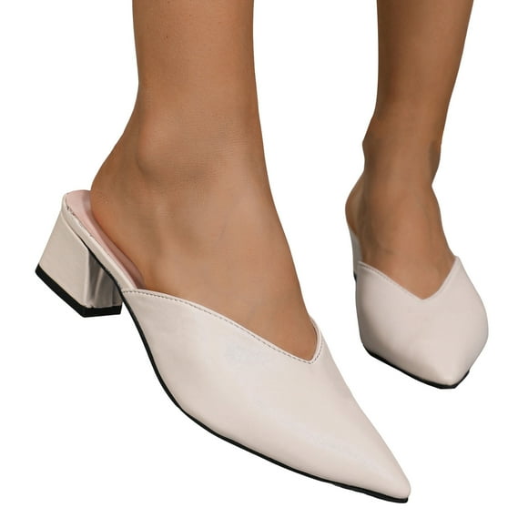 Mules Dress Shoes for Women Ladies Fashion Leather Pointed Toe Chunky Mid Heels Backless Oxford Pumps Sandals