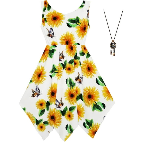 Girls Dress Sunflower Butterfly Hanky Hem Party Beach Princess Sundress 12 Years