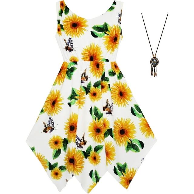 Robe Fille Tournesol Papillon Ourlet Mouchoir Fête Plage Princesse Robe d'Été 12 Ans
