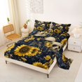 thumbnail image 2 of Manfei Gothic Skull Queen Sheets 4 Pieces, Halloween Vintage Sunflower Rose Queen Sheet Sets, Navy Gold Cream,1 Fitted Sheet, 1 Flat Sheet and 2 Pillowcases, 2 of 5