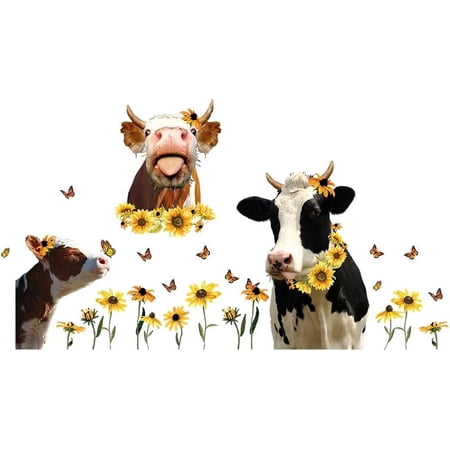 Funny Farm Cow Wall Decor Cute Cow Sunflower Wall Sticker Funny Animal Wall Decals Butterfly Decor for Farmhouse Kitchen Kids' Room Window Decoration Living Room Nursery Wall Decor Mixed Color
