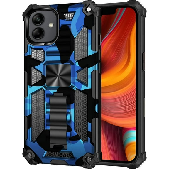 Camouflage Case for Samsung Galaxy A04 with Magnetic Kickstand, Built-in 360° Rotate Ring Stand Magnetic Car Mount Cover Case Phone Cover Case for Samsung Galaxy A04 MC Dark Blue