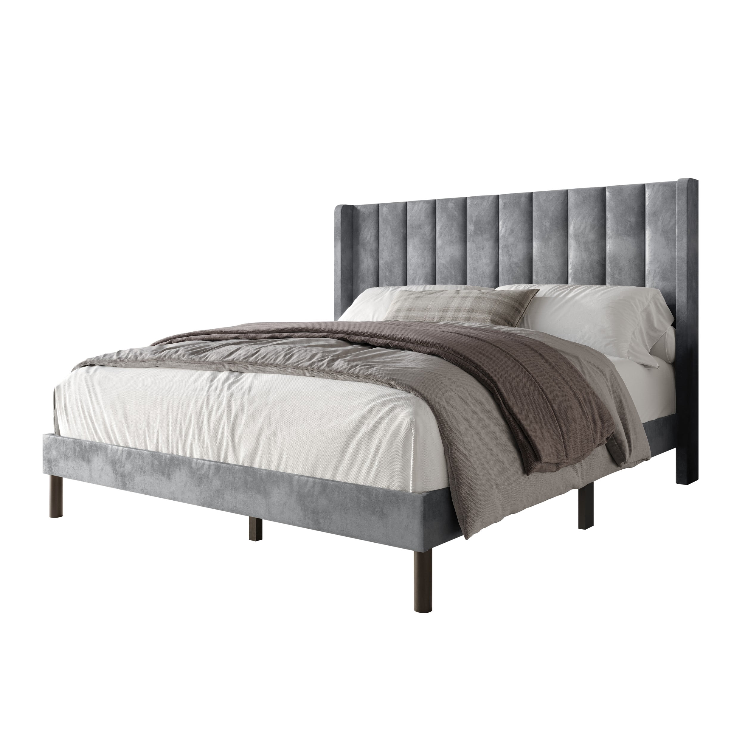Home Design Herrin King Tufted Luxurious Velvet Upholstered Wingback Panel Bed Frame with Vertical Channel Tufting & Wingback Design, Silver Gray, Easy Assembly