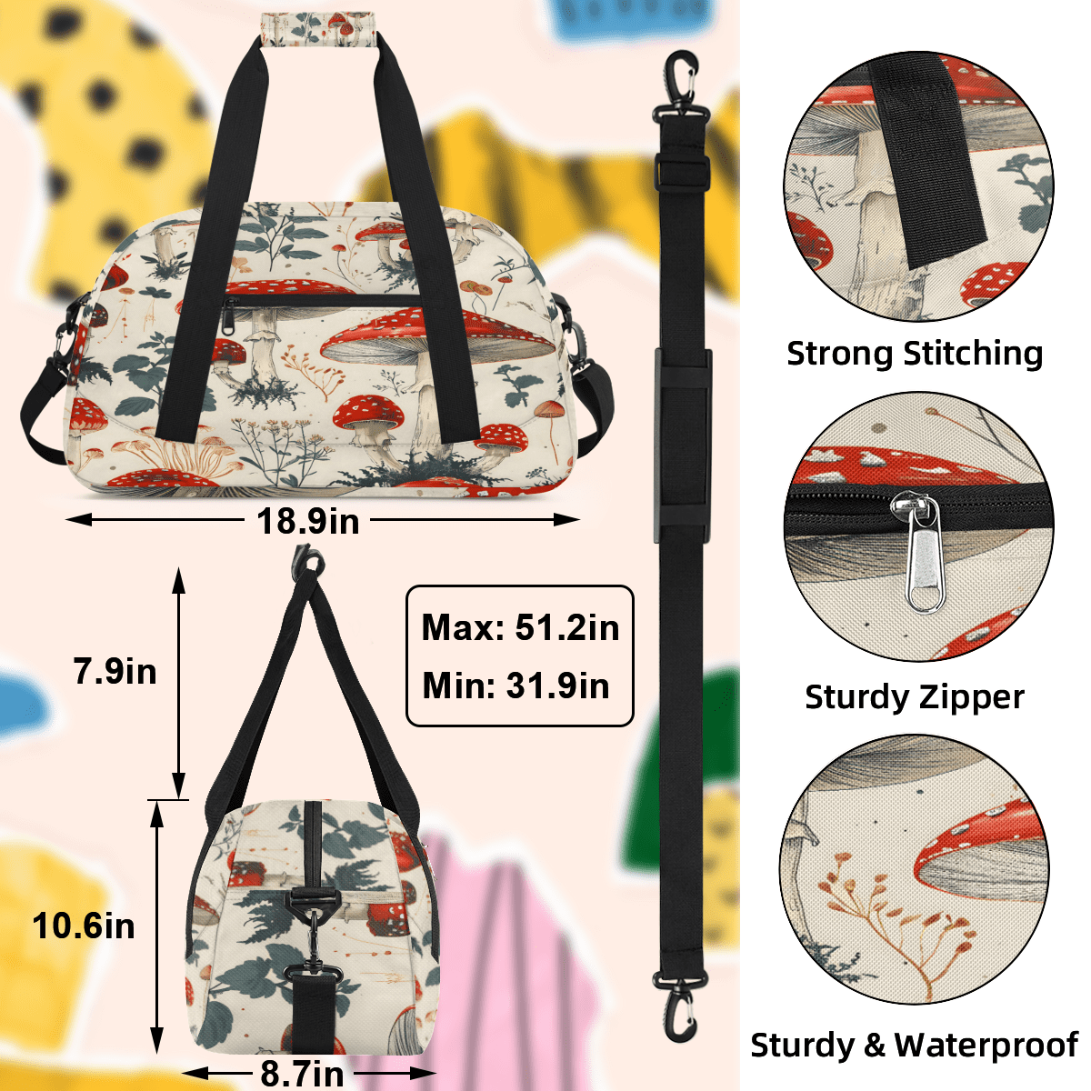 Herdesigns Sports Duffle Bags Travel Duffle Bag Gym Bag Red Mushroom Weekender Travel Bag Waterproof Overnight Bag Carry On Travel Tote Bag Dance Bags