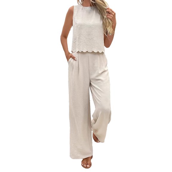 BODOAO Women's 2 Piece Outfit Sleeveless Scallop Hem Knit Tank Top and High Waisted Wide Leg Long Pants Matching Loungewear Set Casual Summer Sweatsuit Streetwear Beachwear Beige L