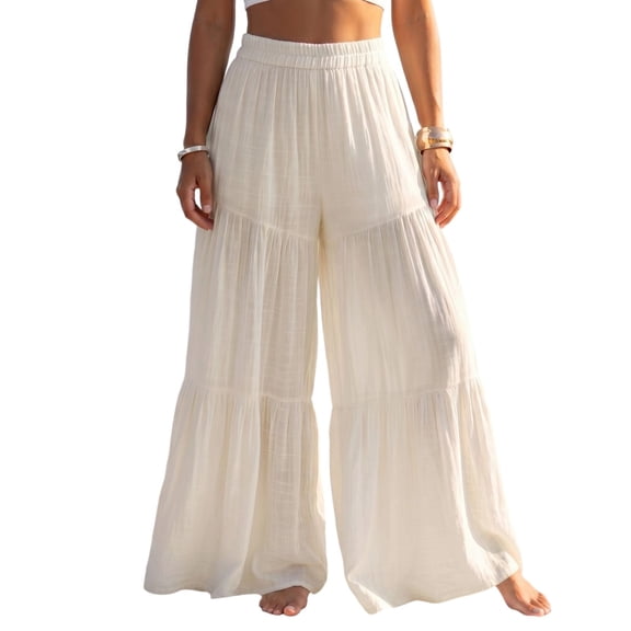 Vynhevius Womens Wide Leg Full Length Culottes with Pockets Tiered Ruffle Elastic High Waist Flowy Loose Summer Beach Casual Solid Trousers