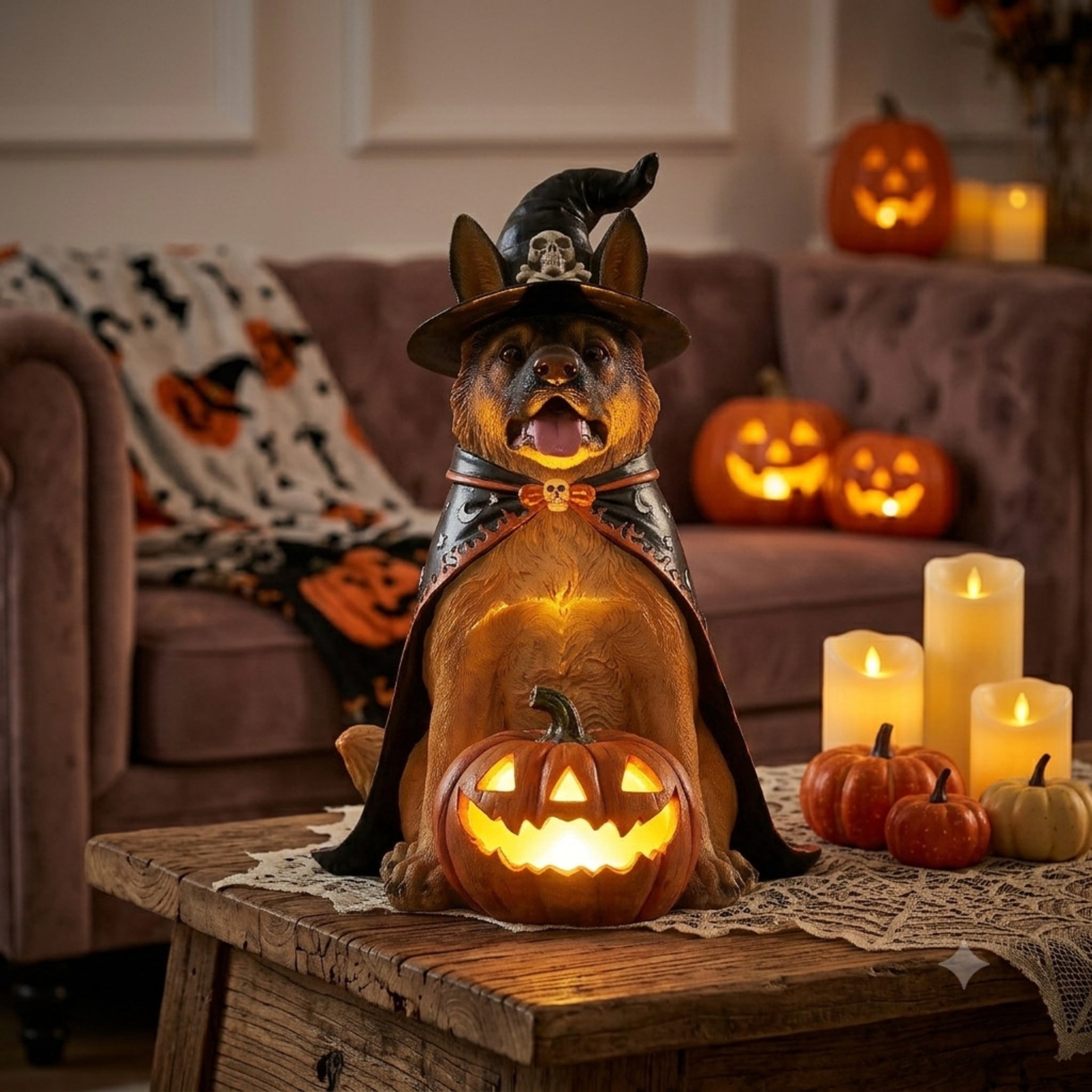 Noble House German Shepherd Witch Puppy Figurine with Pumpkin Lantern, Decorative Statue, Brown