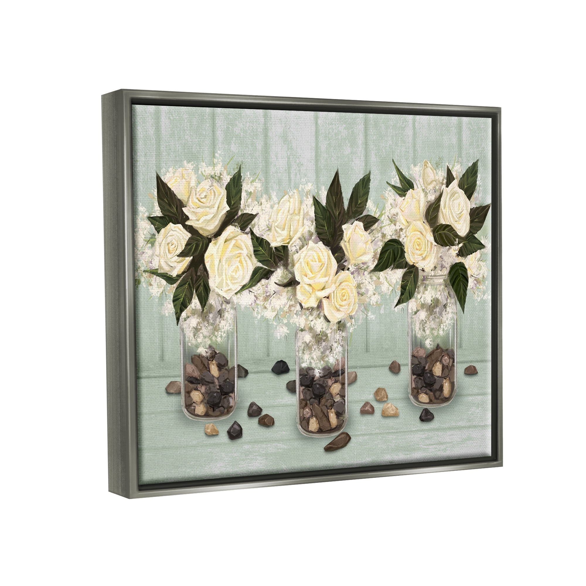 Stupell Industries Three Rose Bouquets Scattered Rocks Flower Arrangement Graphic Art Luster Gray Floating Framed Canvas Print Wall Art, Design by Ziwei Li