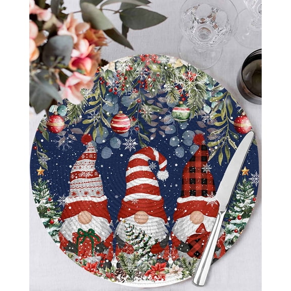 15 Inch Round Placemats Set of 4, Navy Blue Christmas Non Slip Heat Insulation PP Table Mats, Gnomes Xmas Tree Poinsettia Eucalyptus Washable Place Mats for Kitchen Dining Party Table Decor