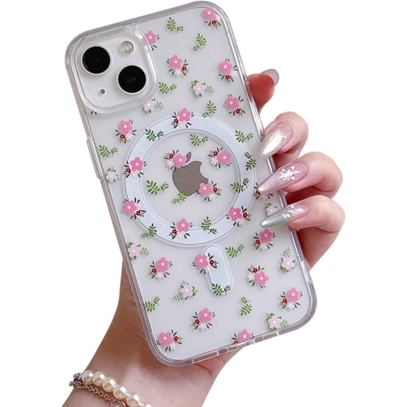 QLTYPRI Magnetic for iPhone 13/14 Case Compatible with Magsafe, Cute Floral Flower Aesthetic Phone Case Slim Clear Anti-Yellowing Shockproof Phone Cover for Girls Women - Pink White