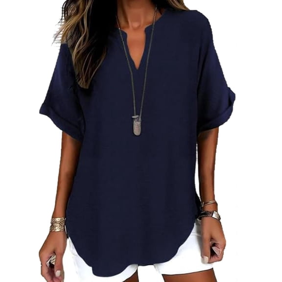 CBASIHI Womens Oversized Short Sleeve Tops- Casual Summer V Neck Vintage Basic T Shirts Dark Blue Size S-2XL