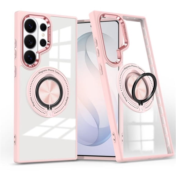 For Samsung Galaxy S26 Ultra 5G Transparent Case (Compatible With MagSafe) With 360° Rotation Invisible Magnetic O-Ring Stand Military-Grade Shockproof Phone Case,Pink,For Galaxy S26 Ultra 5G