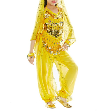 TopTie Kid's Belly Dance Girl Halter Top, Harem Pants, Halloween Costumes Set-Yellow-M