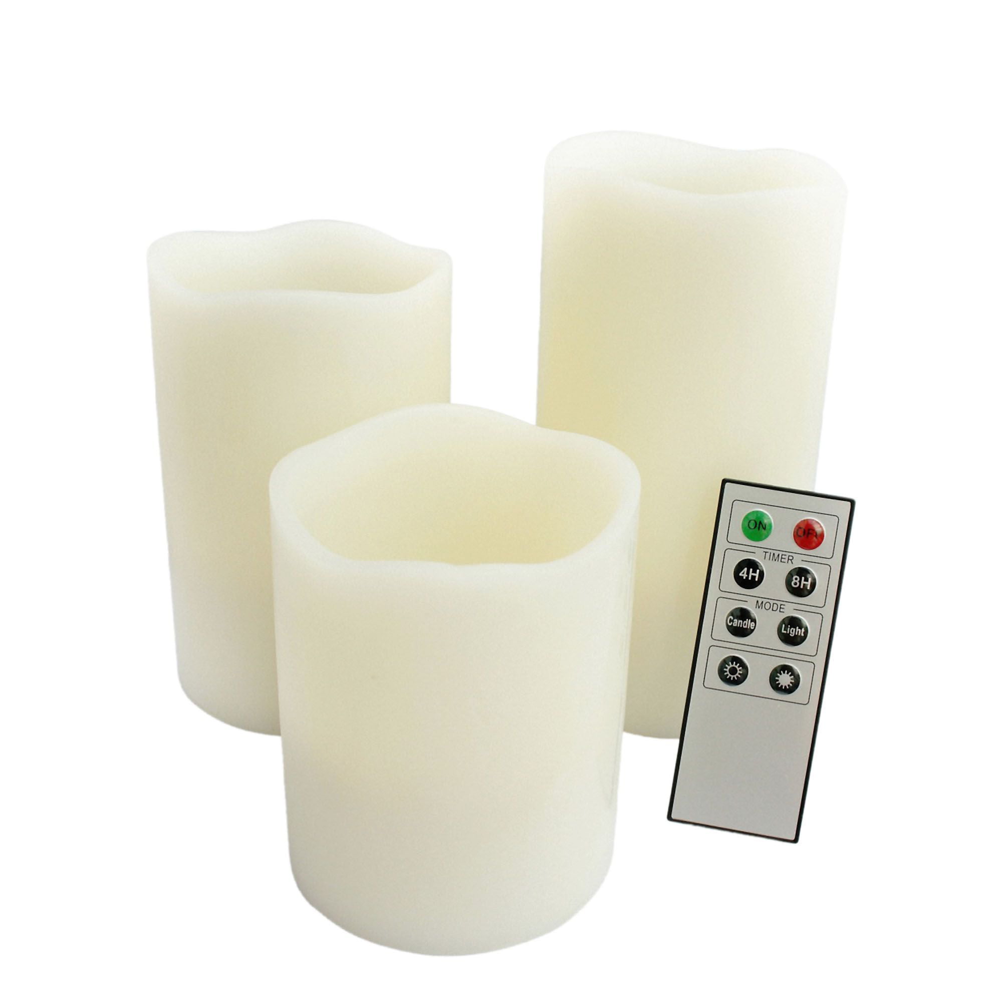 Set of 3 Melted Edge Flameless Ivory Wax Pillar Candles with Remote Control time 