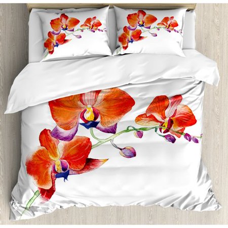 Bright Bedding Ambesonne Floral Orchid Flower Branch with Bright Color Petals Blossom Botany Wild Blooms Picture Duvet Cover Set ()