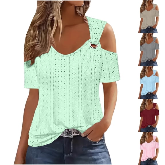 WIZUTIZ Womens Tops Cold Shoulder V-Neck Short Sleeve Tops Hollow Eyelet Embroidery off Shoulder Metals Blouse Breathable Sexy T Shirts Elegant Tunics Tees up to 60% Off Blue XXXL