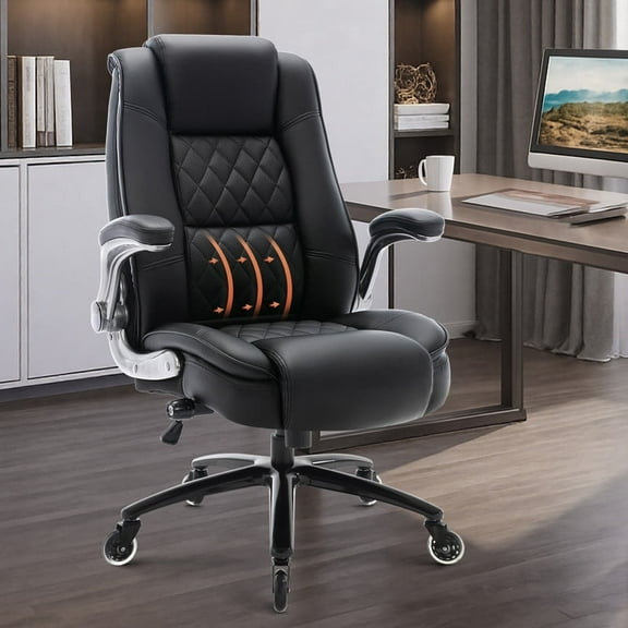 High Back Office Chair with Lumbar Support, Large Upholstered Executive Desk Chair, Faux Leather Computer Chair with Flip-up Arms, Rubber Wheels