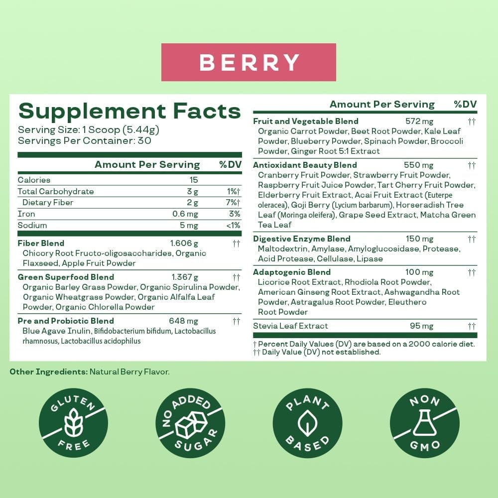 Bloom Nutrition Greens & Superfoods Powder, for Digestive Health, Mixed Berry, 30 Servings