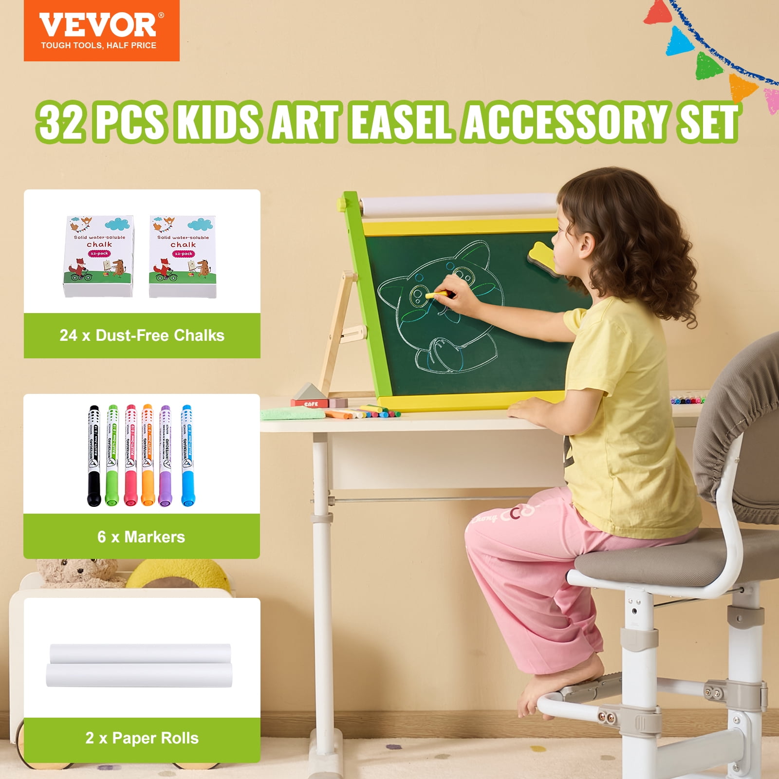 VEVOR Easel Accessory Set, 32 PCS Kides Art Easel Painting Kit Including Chalks, Dry-Erase Markers & Paper Rolls, Supplies Set for Tabletop Art Easel, Painting Accessories for Toddlers Boys and Girls