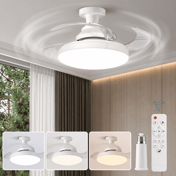 DAYBETTER 17" Ceiling Fan with Light, White, Dimmable, 4 Blades & 3 Light Modes, 3 Speeds Socket Fan with Remote, for Bedrooms