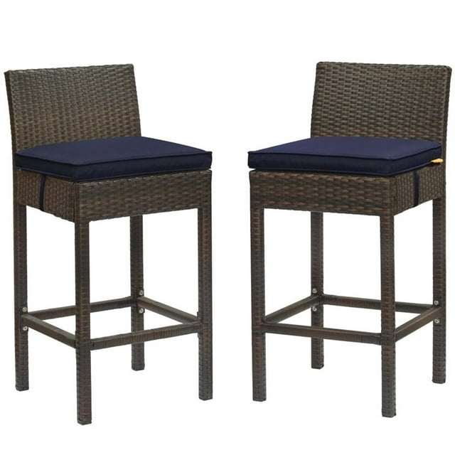 Modway Conduit Rattan Outdoor Bar Stool in Brown and Navy (Set of 2)