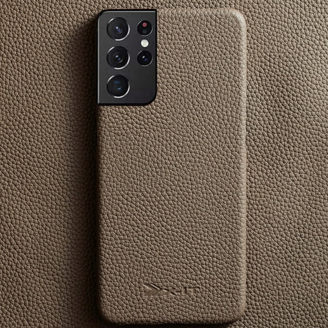 Étui en Cuir Véritable pour Samsung, Étui en Cuir Mode, Gris Cosmique S21