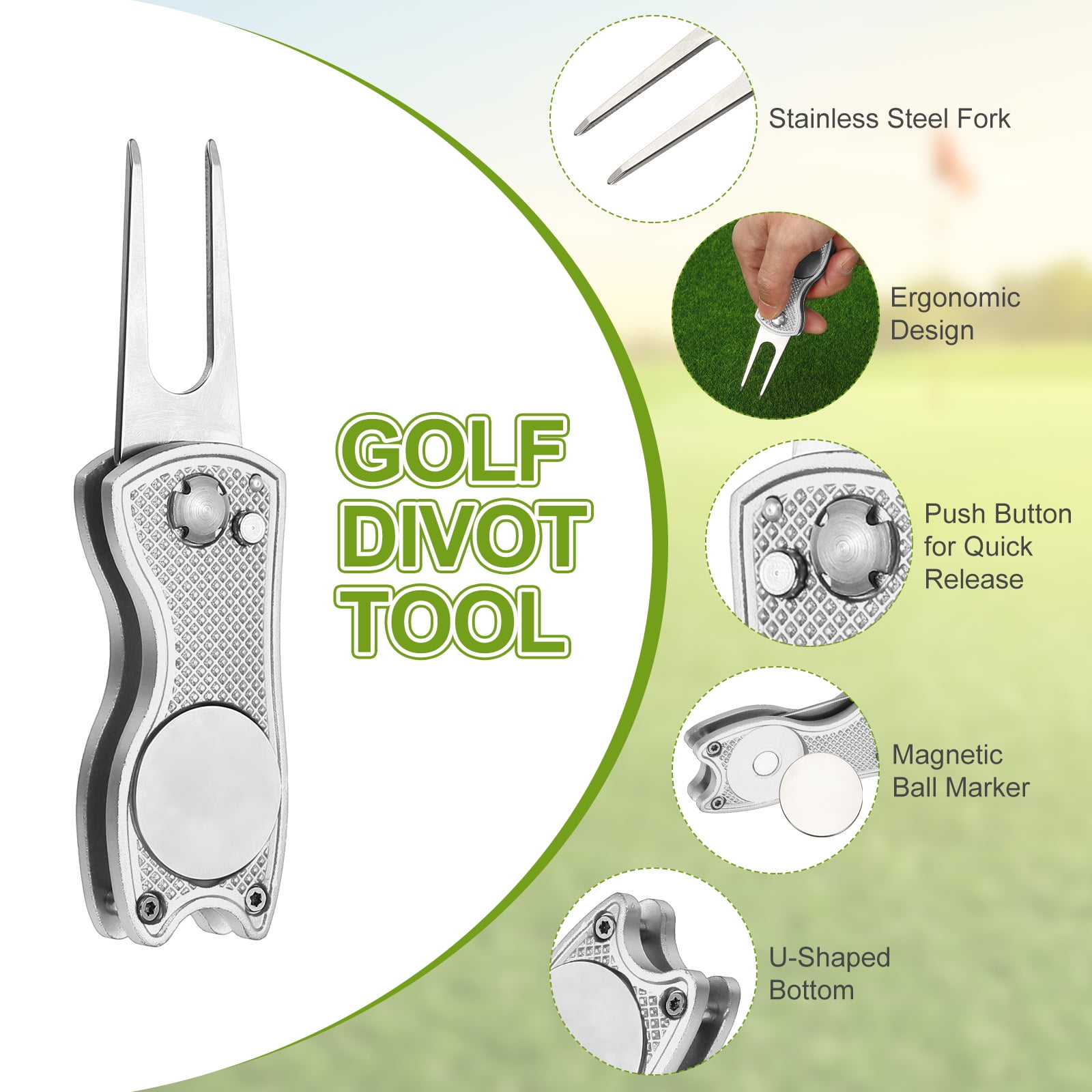 Uxcell Golf Divot Repair Tool, Foldable Metal Golf Green Divot Tool with Magnetic Ball Marker & Stainless Steel Fork Blue/Silver/Black