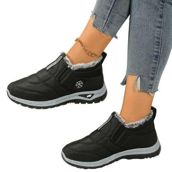 Winter Boots for Women Thickened Warm Plush Lined Slip on Ankle Snow Boots Nonslip Cold Weather Outdoor Sneakers Hiking Shoes Black Size 9